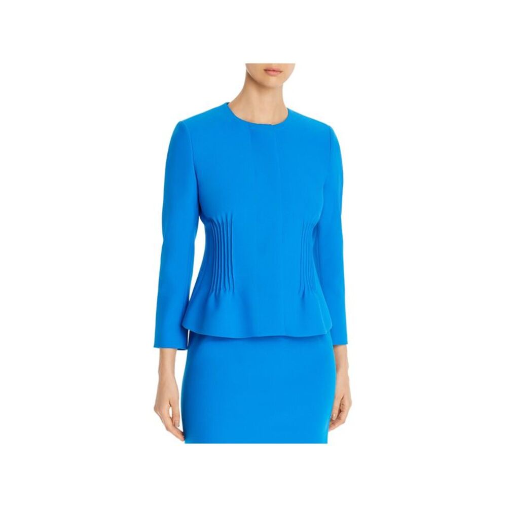 BOSS Womens Blue Pleated Darted Button Front Wear To Work Blazer Jacket 4